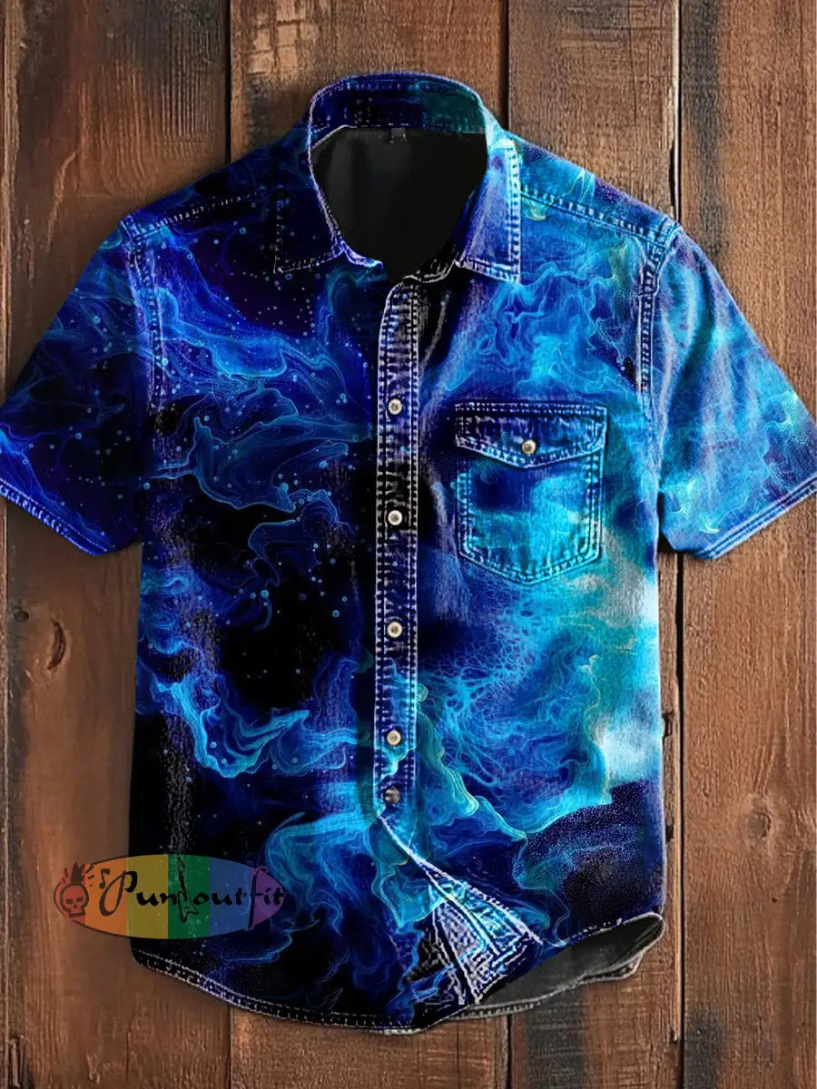 Unisex Men’s Vintage Blue Wave Art Abstract Print Casual Short Sleeve Pocket Shirt Blue / S