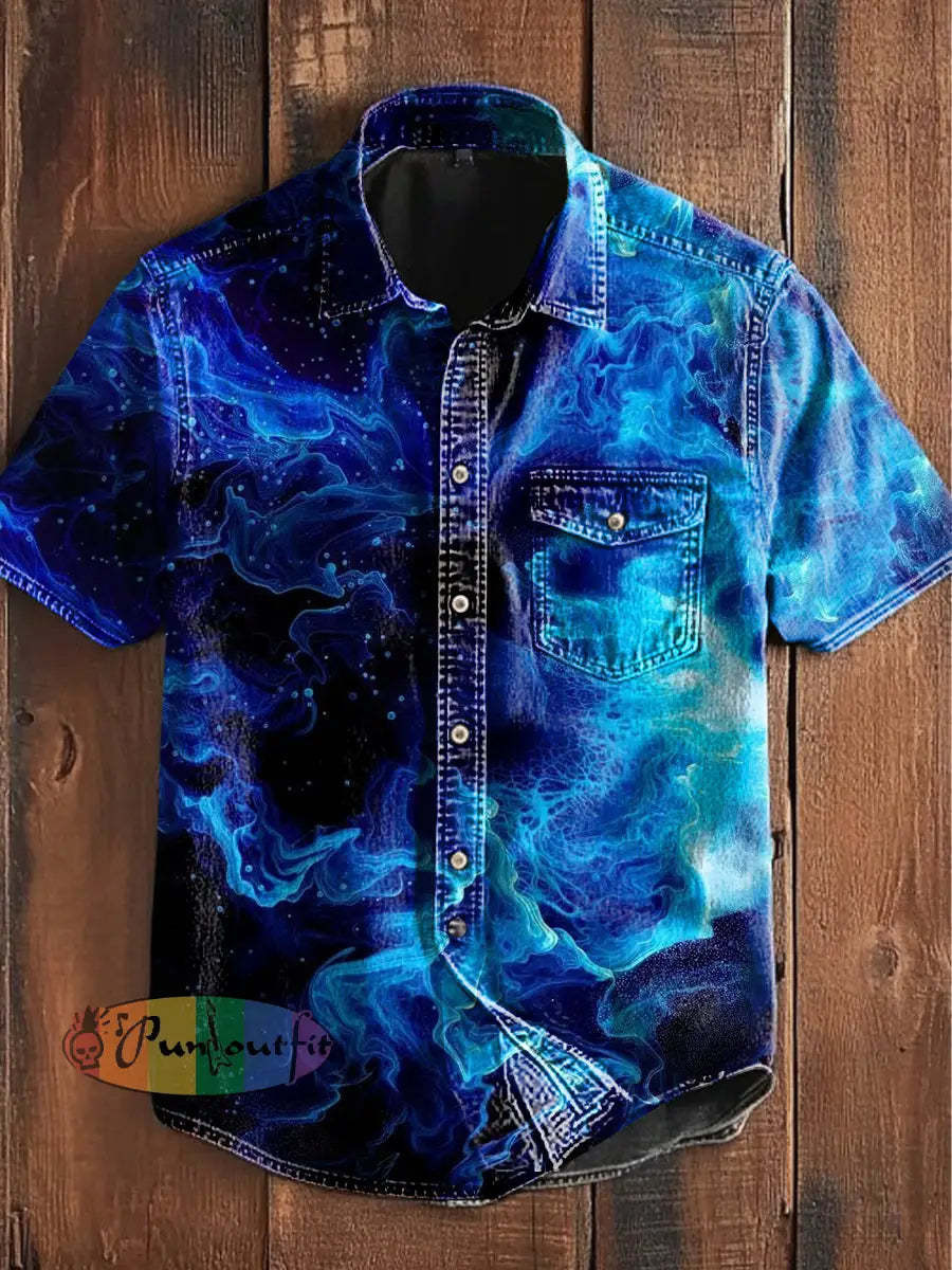 Unisex Men’s Vintage Blue Wave Art Abstract Print Casual Short Sleeve Pocket Shirt Blue / S