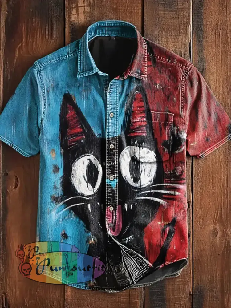Unisex Men’s Vintage Colorful Black Cat Doodle Art Abstract Print Casual Cotton Short Sleeve Pocket Shirt As picture / S