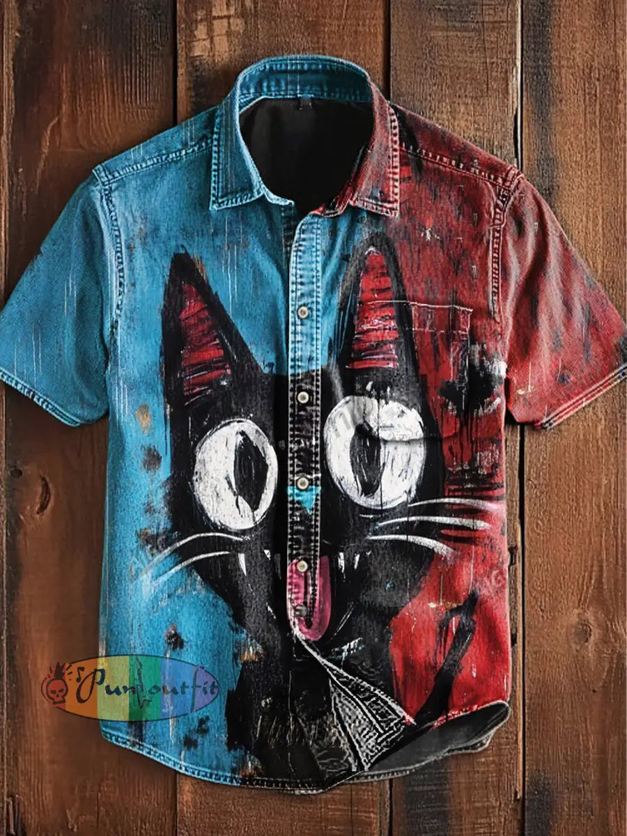 Unisex Men’s Vintage Colorful Black Cat Doodle Art Abstract Print Casual Cotton Short Sleeve Pocket Shirt As picture / S