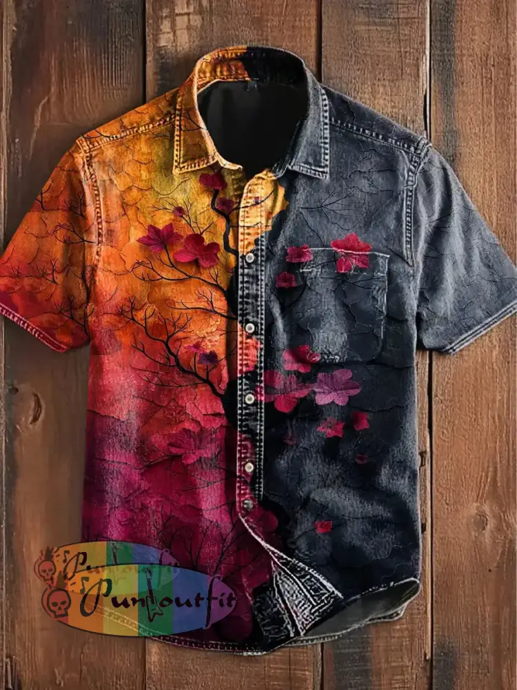 Unisex Men’s Vintage Colorful Color Block Tree Branch Flower Art Abstract Print Casual Cotton Short Sleeve Pocket Shirt