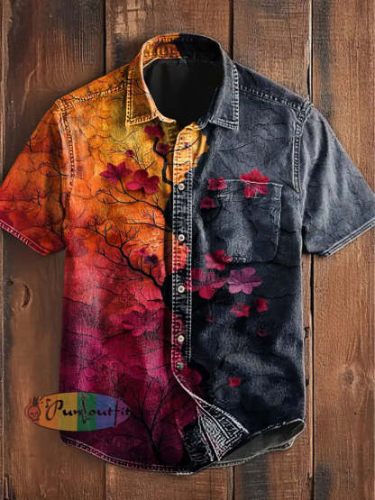 Unisex Men’s Vintage Colorful Color Block Tree Branch Flower Art Abstract Print Casual Cotton Short Sleeve Pocket Shirt