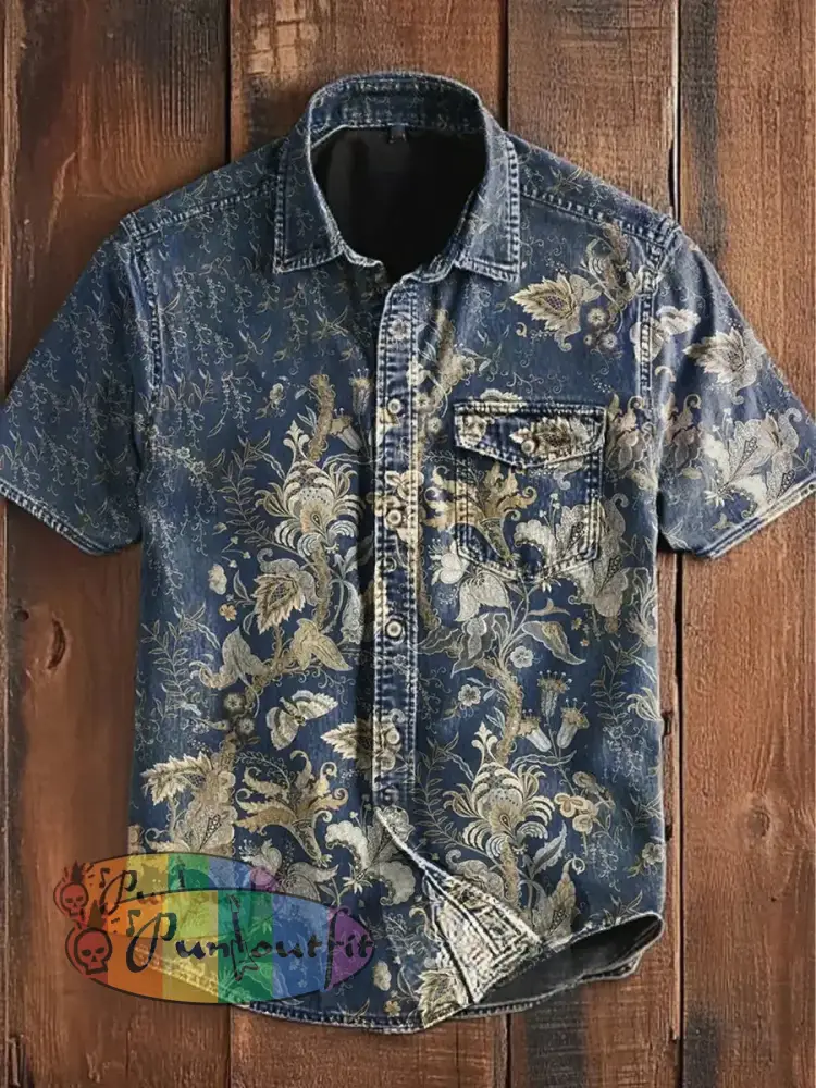 Unisex Men’s Vintage Colorful Floral Botanical Art Abstract Print Casual Short Sleeve Pocket Shirt Blue / S