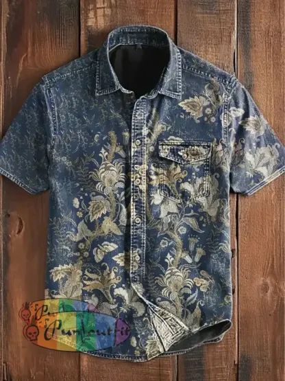 Unisex Men’s Vintage Colorful Floral Botanical Art Abstract Print Casual Short Sleeve Pocket Shirt Blue / S