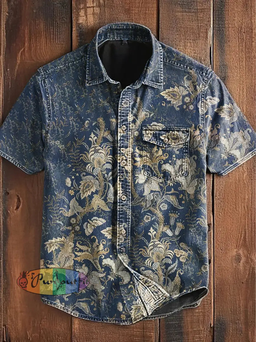 Unisex Men’s Vintage Colorful Floral Botanical Art Abstract Print Casual Short Sleeve Pocket Shirt Blue / S