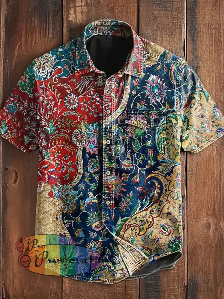Unisex Men’s Vintage Colorful Floral Patchwork Art Abstract Print Casual Short Sleeve Pocket Shirt As picture / S