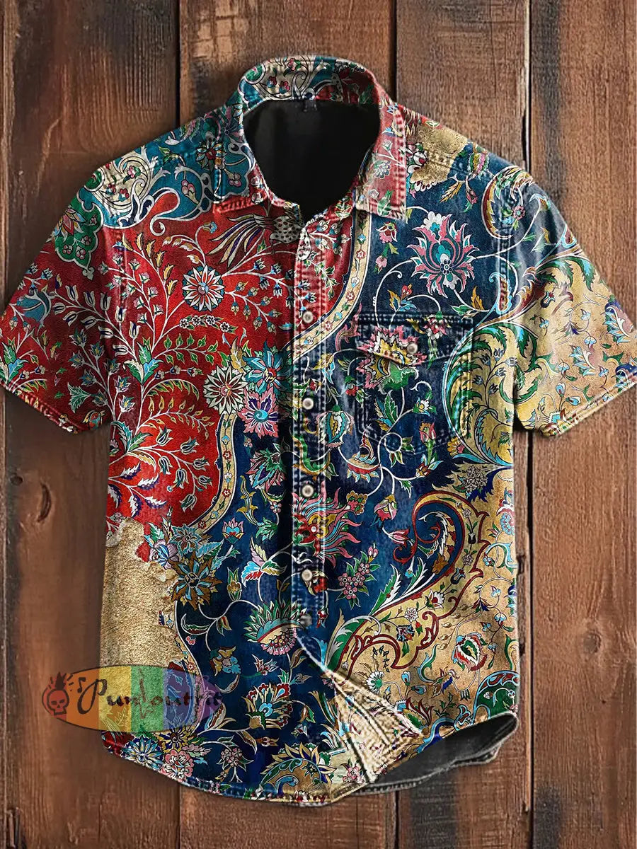 Unisex Men’s Vintage Colorful Floral Patchwork Art Abstract Print Casual Short Sleeve Pocket Shirt As picture / S