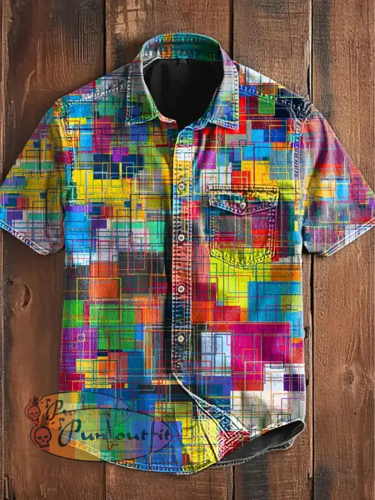Unisex Men’s Vintage Colorful Geometric Color Block Line Art Abstract Print Casual Short Sleeve Pocket Shirt As picture