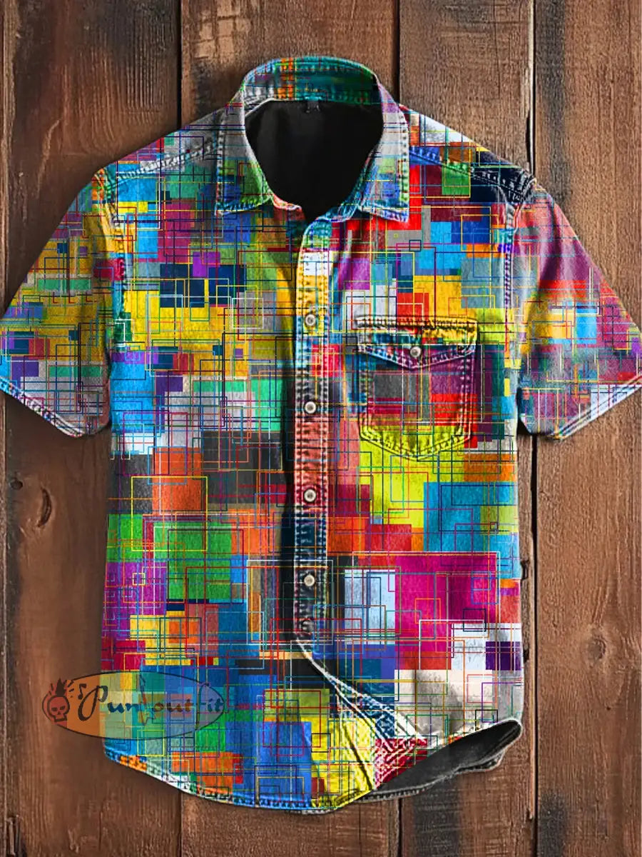 Unisex Men’s Vintage Colorful Geometric Color Block Line Art Abstract Print Casual Short Sleeve Pocket Shirt As picture