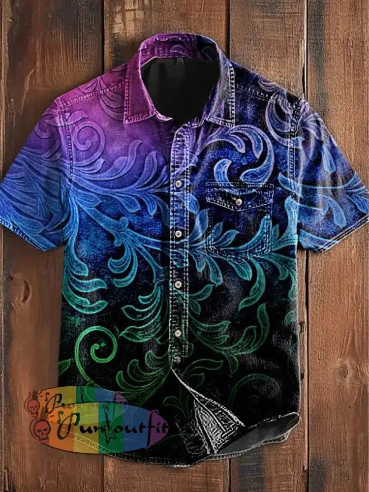 Unisex Men’s Vintage Colorful Gothic Gradient Patterns Art Abstract Print Casual Short Sleeve Pocket Shirt As picture