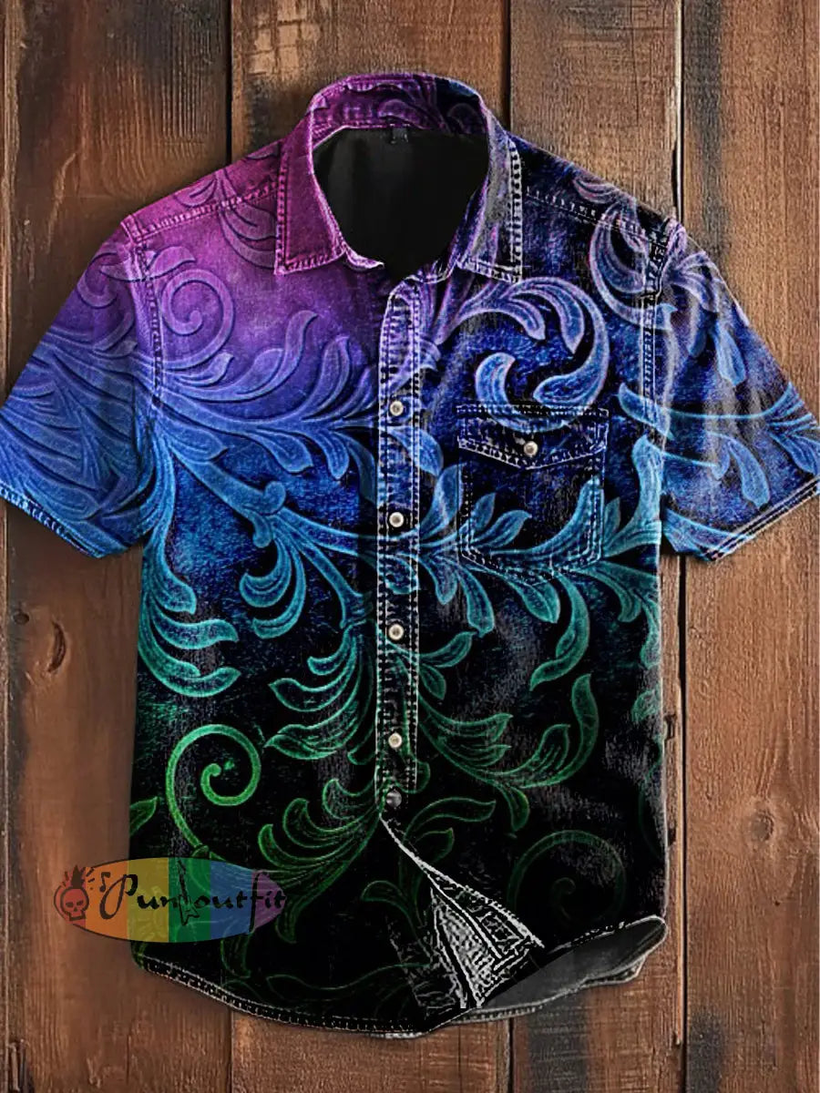Unisex Men’s Vintage Colorful Gothic Gradient Patterns Art Abstract Print Casual Short Sleeve Pocket Shirt As picture