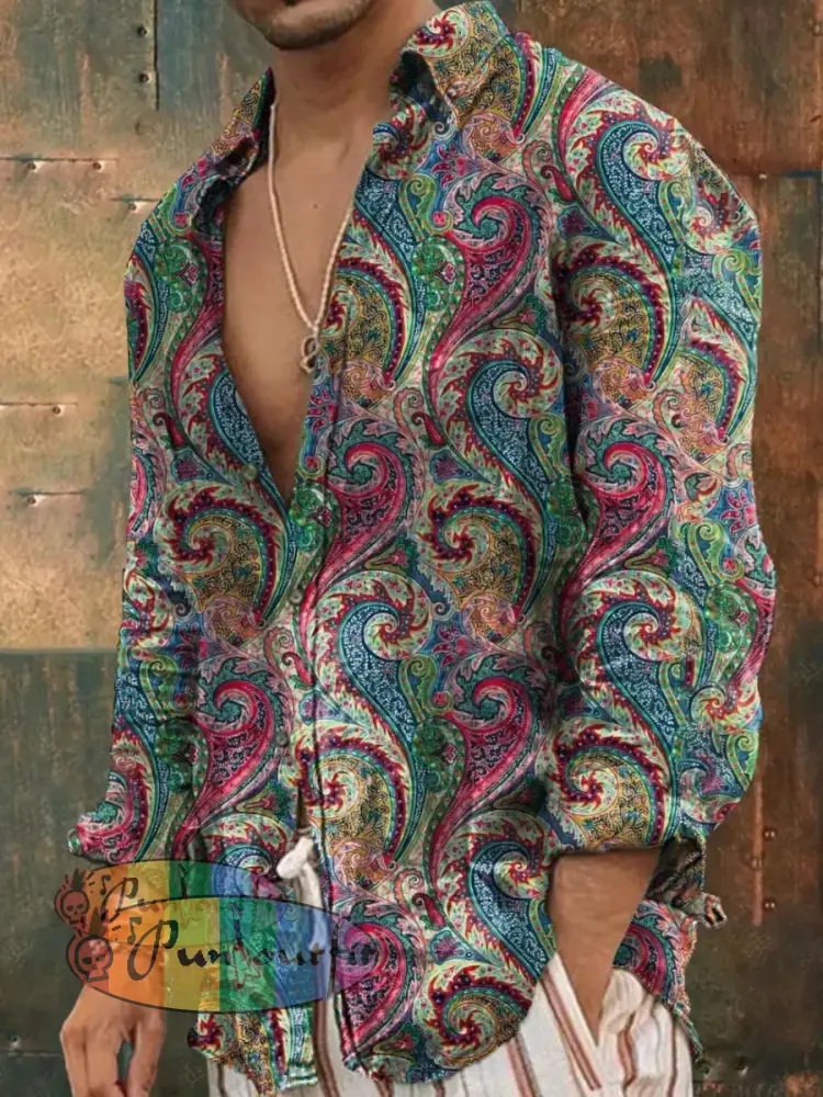 Unisex Men’s Vintage Colorful Hippie Perris Flower Abstract Print Casual Long Sleeve Shirt As picture / S