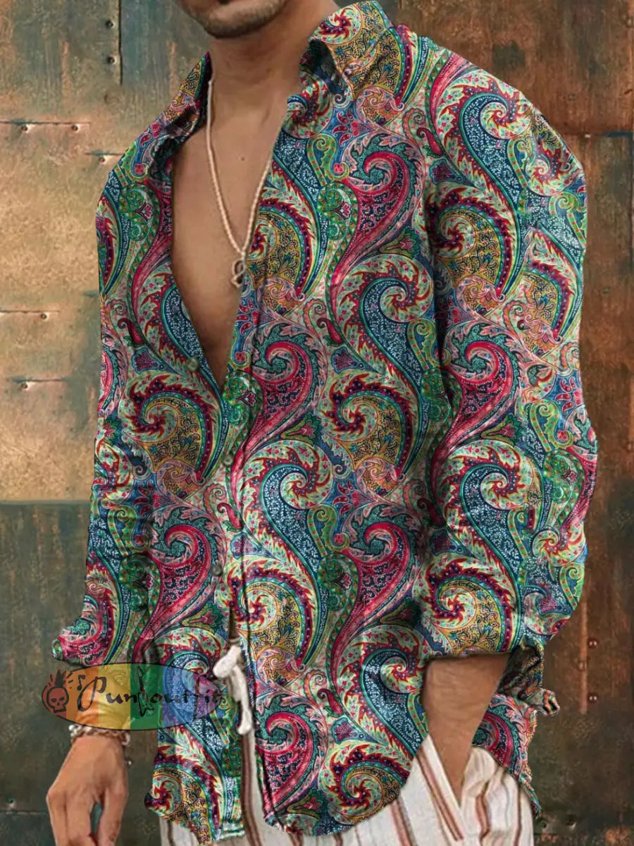 Unisex Men’s Vintage Colorful Hippie Perris Flower Abstract Print Casual Long Sleeve Shirt As picture / S