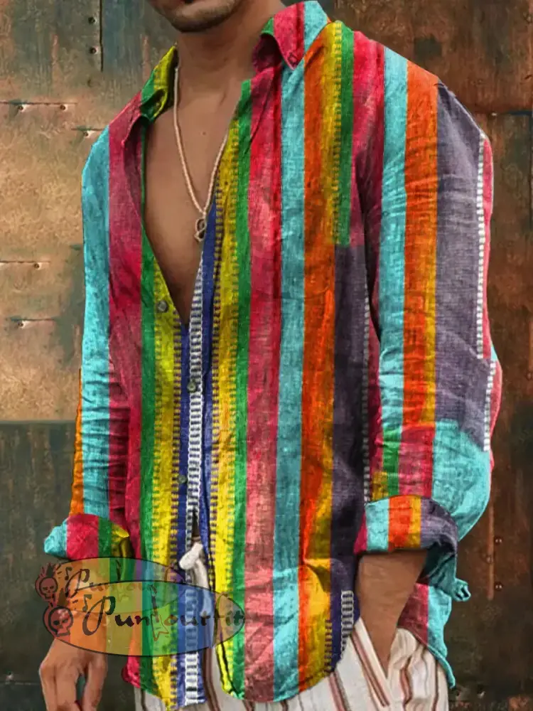 Unisex Men’s Vintage Colorful Hippie Stripe Design Art Abstract Print Casual Long Sleeve Shirt As picture / S