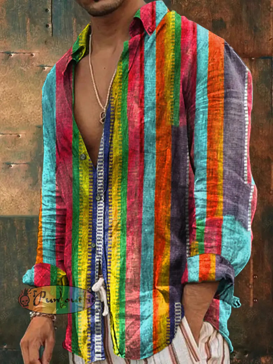 Unisex Men’s Vintage Colorful Hippie Stripe Design Art Abstract Print Casual Long Sleeve Shirt As picture / S