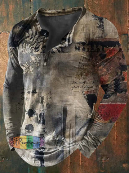 Unisex Men’s Vintage Colorful Leaves Poster Stamp Abstract Art Print Casual Cotton Long Sleeve Button T-Shirt As