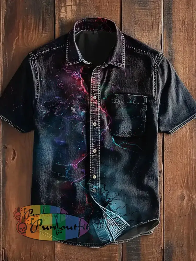 Unisex Men’s Vintage Colorful Line Ripple Art Abstract Print Casual Cotton Short Sleeve Pocket Shirt As picture / S
