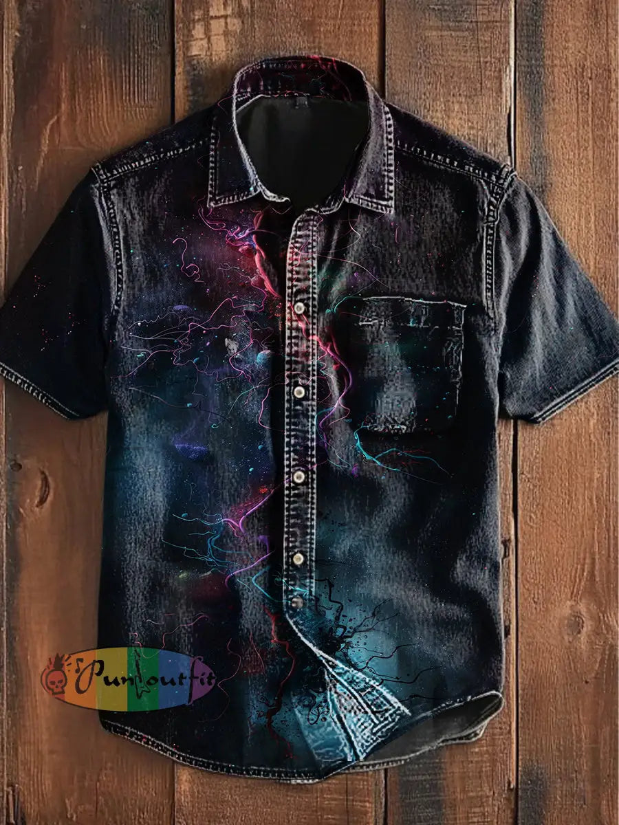 Unisex Men’s Vintage Colorful Line Ripple Art Abstract Print Casual Cotton Short Sleeve Pocket Shirt As picture / S