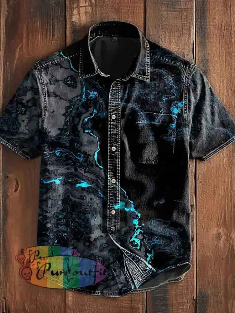 Unisex Men’s Vintage Colorful Magic Wave Art Abstract Print Casual Cotton Short Sleeve Pocket Shirt Black / S