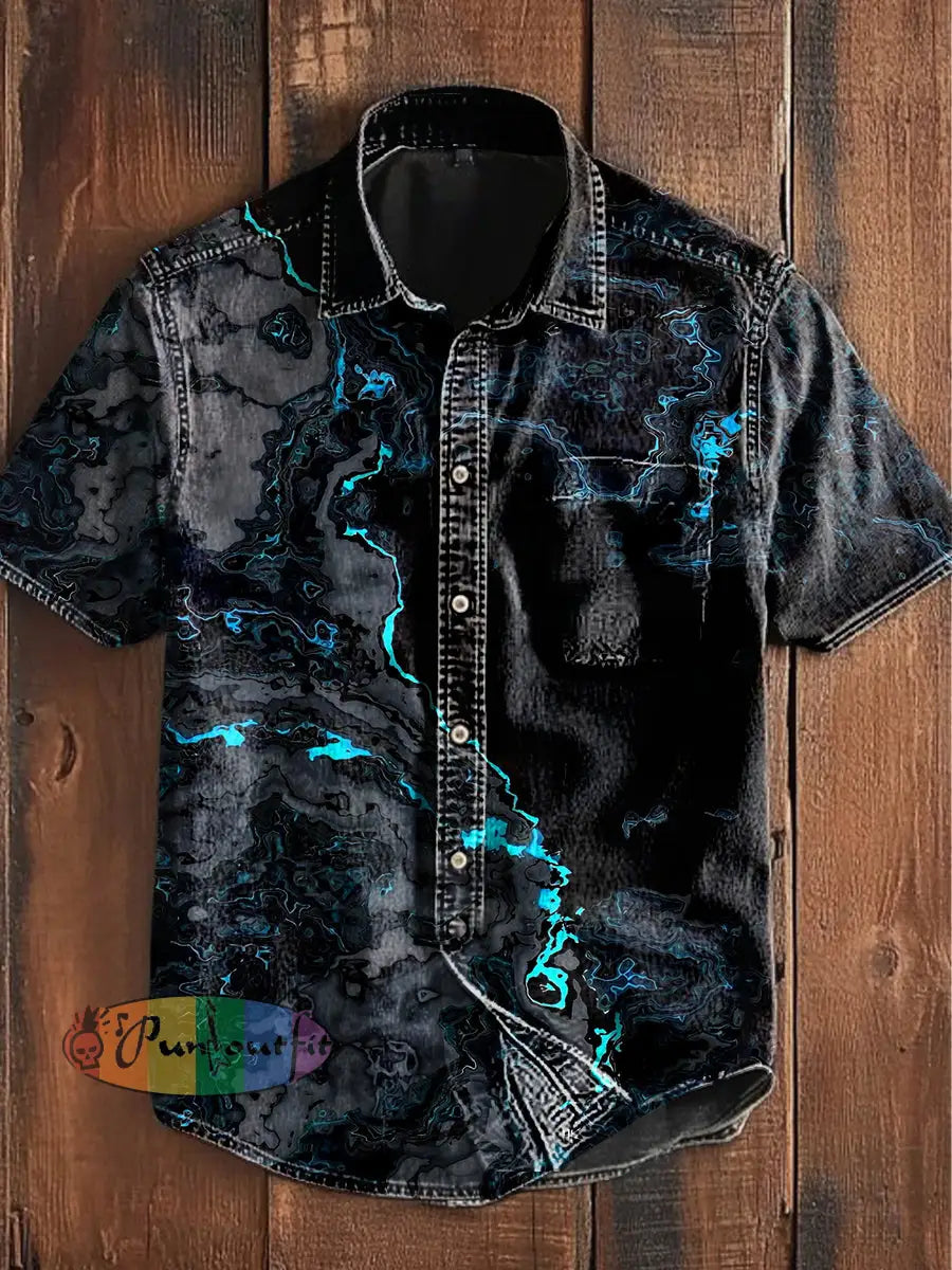 Unisex Men’s Vintage Colorful Magic Wave Art Abstract Print Casual Cotton Short Sleeve Pocket Shirt Black / S