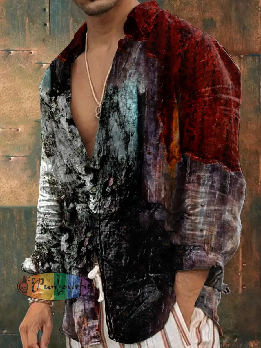 Unisex Men’s Vintage Colorful Multi-Color Art Abstract Print Casual Long Sleeve Shirt As picture / S