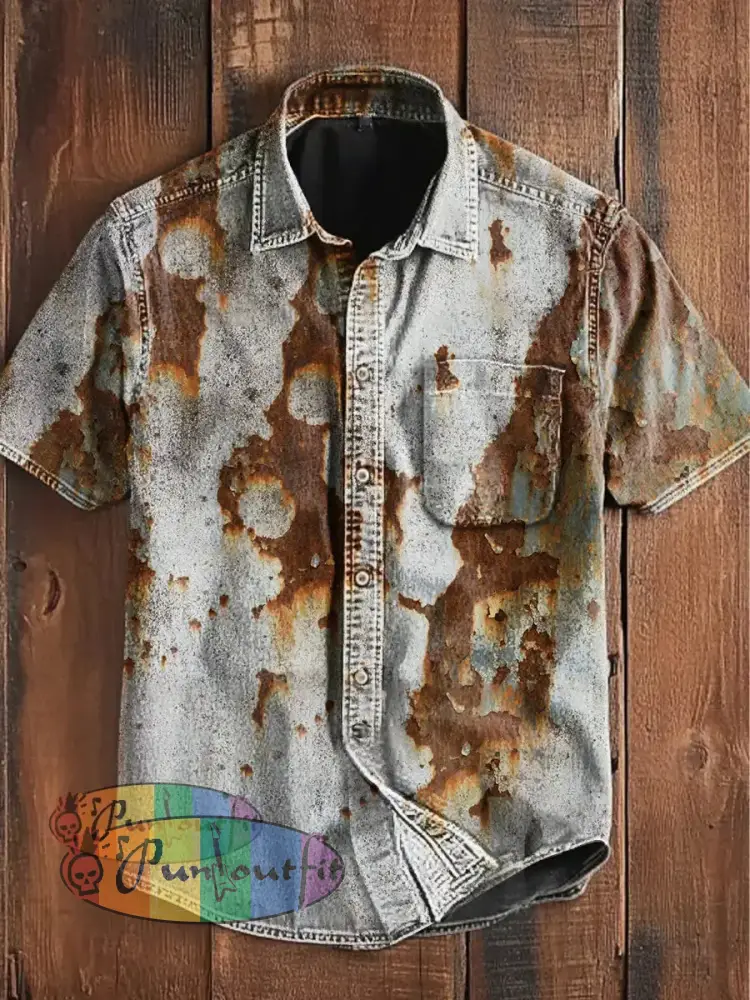 Unisex Men’s Vintage Colorful Old Rust Abstract Print Casual Cotton Short Sleeve Pocket Shirt As picture / S