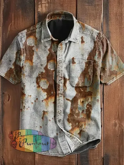 Unisex Men’s Vintage Colorful Old Rust Abstract Print Casual Cotton Short Sleeve Pocket Shirt As picture / S