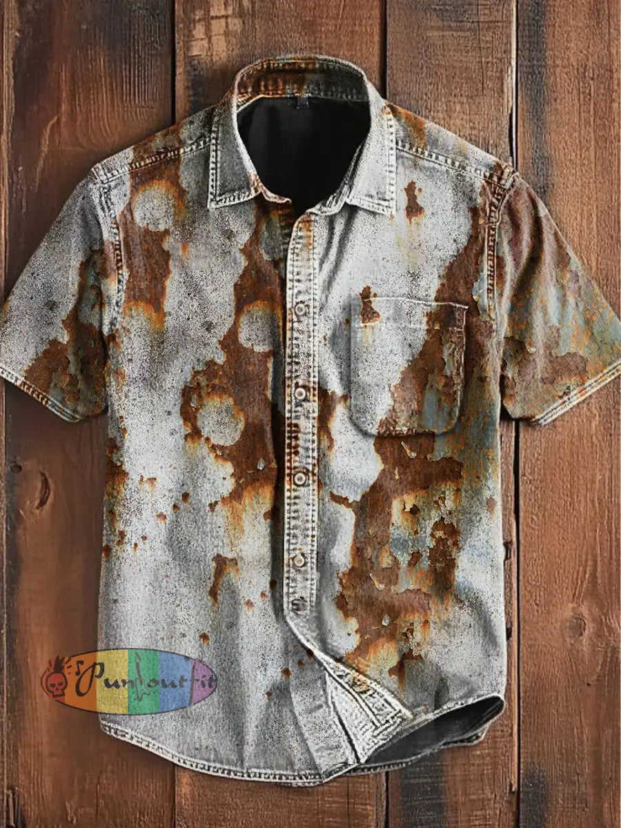 Unisex Men’s Vintage Colorful Old Rust Abstract Print Casual Cotton Short Sleeve Pocket Shirt As picture / S