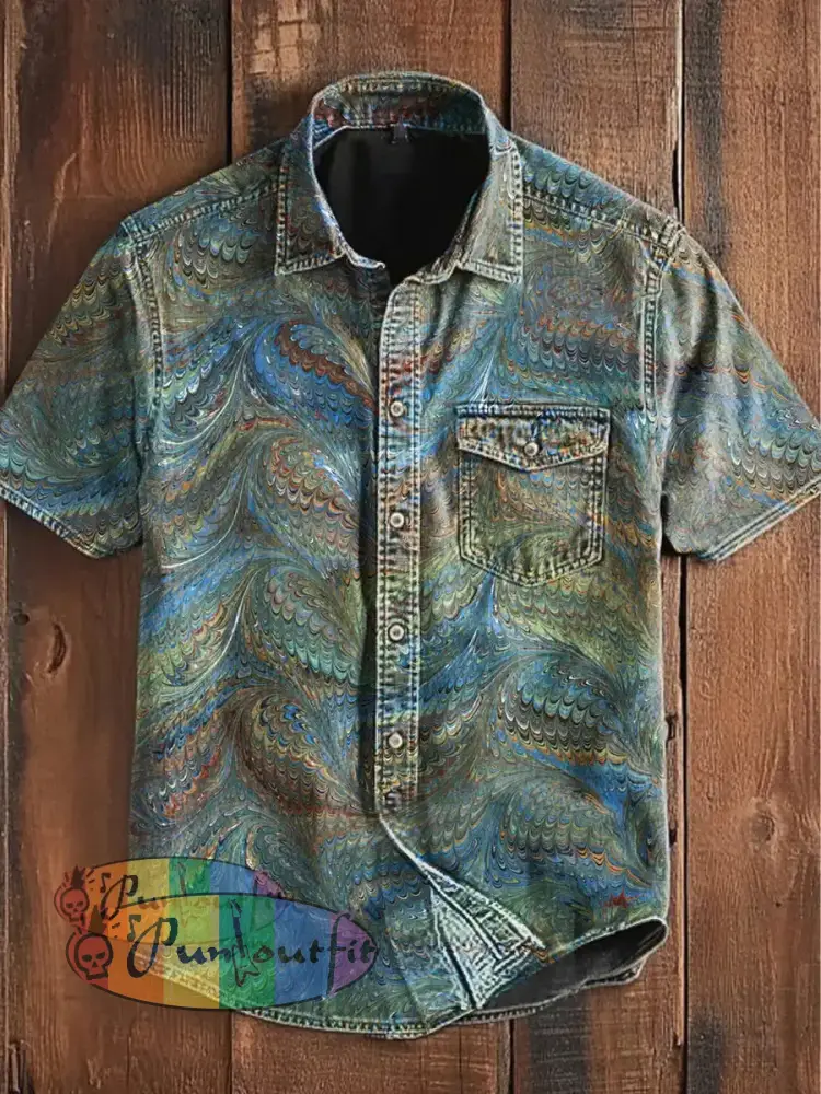 Unisex Men’s Vintage Colorful Peacock Feather Art Abstract Print Casual Short Sleeve Pocket Shirt Green / S