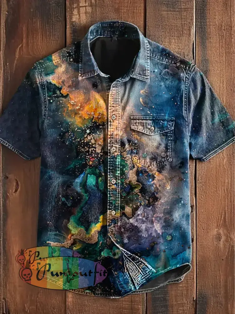 Unisex Men’s Vintage Colorful Ripple Clash Art Abstract Print Casual Short Sleeve Pocket Shirt Blue / S