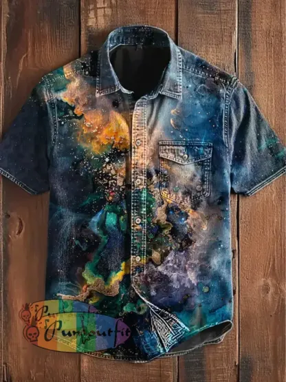 Unisex Men’s Vintage Colorful Ripple Clash Art Abstract Print Casual Short Sleeve Pocket Shirt Blue / S