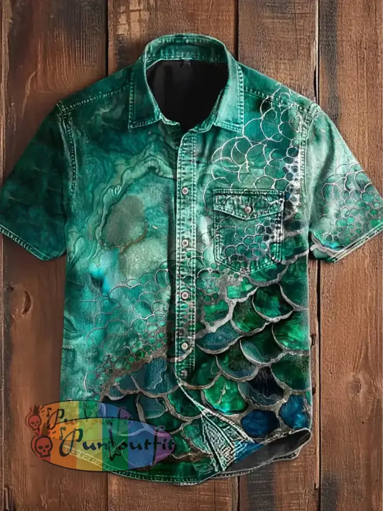 Unisex Men’s Vintage Colorful Ripple Gradient Art Abstract Print Casual Short Sleeve Pocket Shirt Green / S
