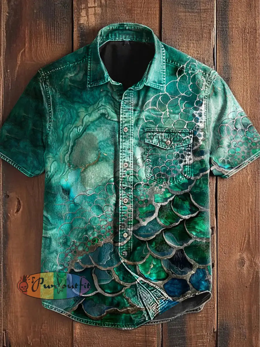 Unisex Men’s Vintage Colorful Ripple Gradient Art Abstract Print Casual Short Sleeve Pocket Shirt Green / S