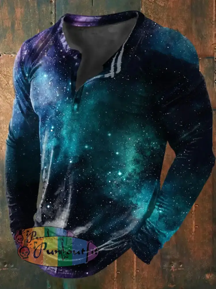 Unisex Men’s Vintage Colorful Star Gradient Art Print Casual Cotton Long Sleeve Button T-Shirt Blue / S