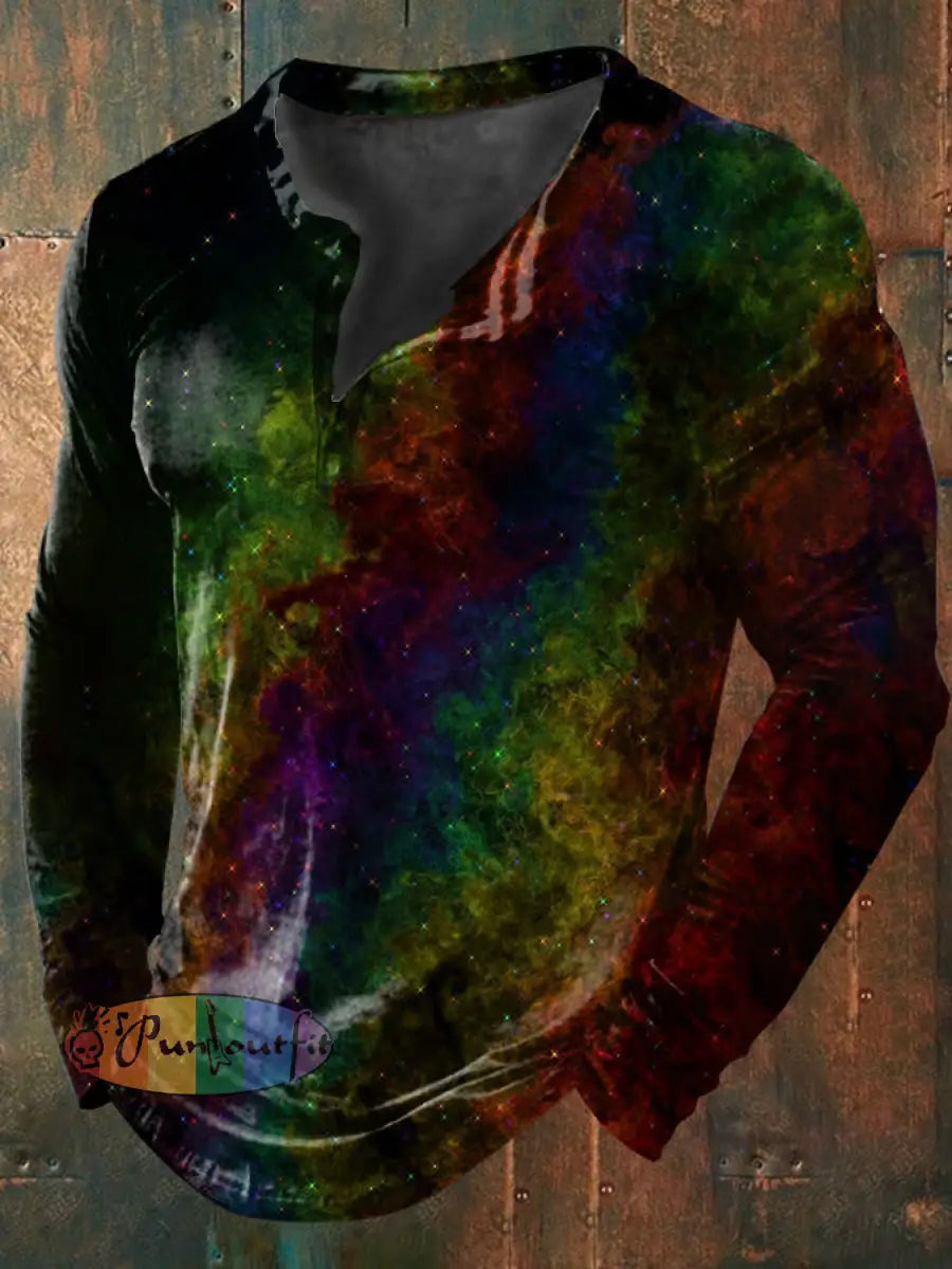 Unisex Men’s Vintage Colorful Stars Magic Fantasy Abstract Art Print Casual Cotton Long Sleeve Button T-Shirt As