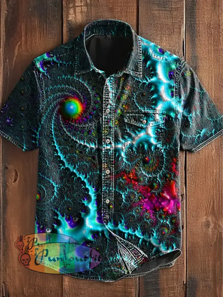 Unisex Men’s Vintage Colorful Swirl 3D Art Abstract Print Casual Short Sleeve Pocket Shirt Blue / S