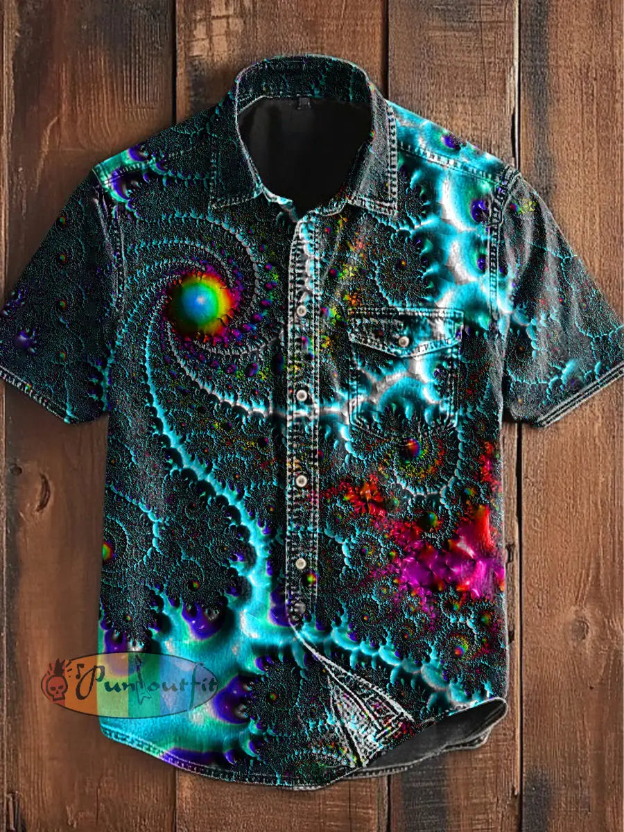 Unisex Men’s Vintage Colorful Swirl 3D Art Abstract Print Casual Short Sleeve Pocket Shirt Blue / S