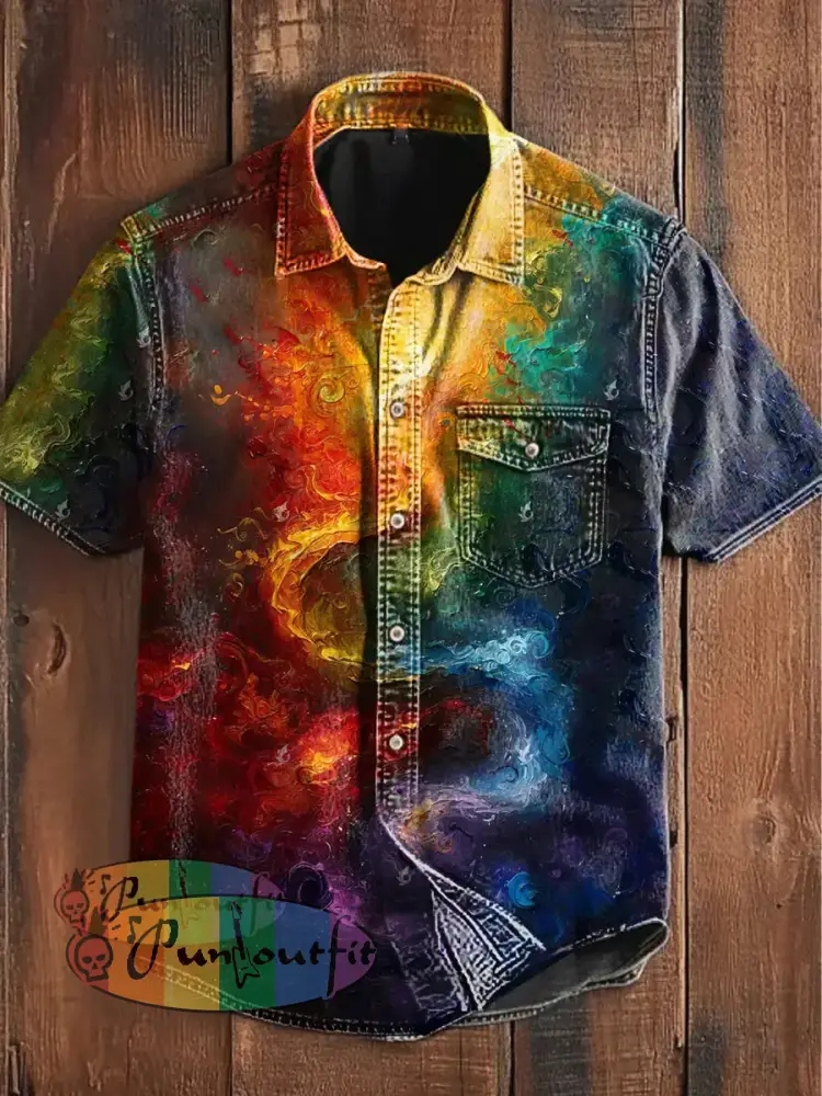 Unisex Men’s Vintage Colorful Swirl Magic Dragon Art Abstract Print Casual Short Sleeve Pocket Shirt As picture / S