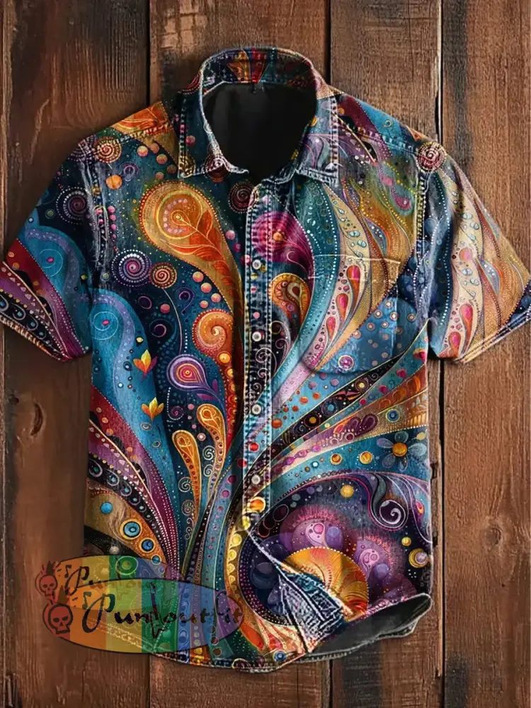 Unisex Men’s Vintage Colourful Feather Sequins Abstract Print Casual Upgraded Cotton Short Sleeve Pocket Shirt As