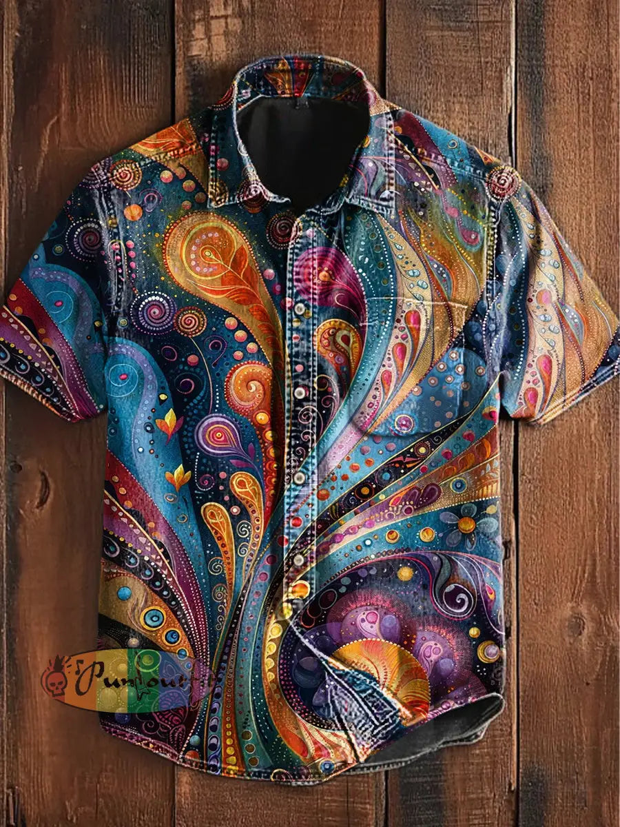 Unisex Men’s Vintage Colourful Feather Sequins Abstract Print Casual Upgraded Cotton Short Sleeve Pocket Shirt As