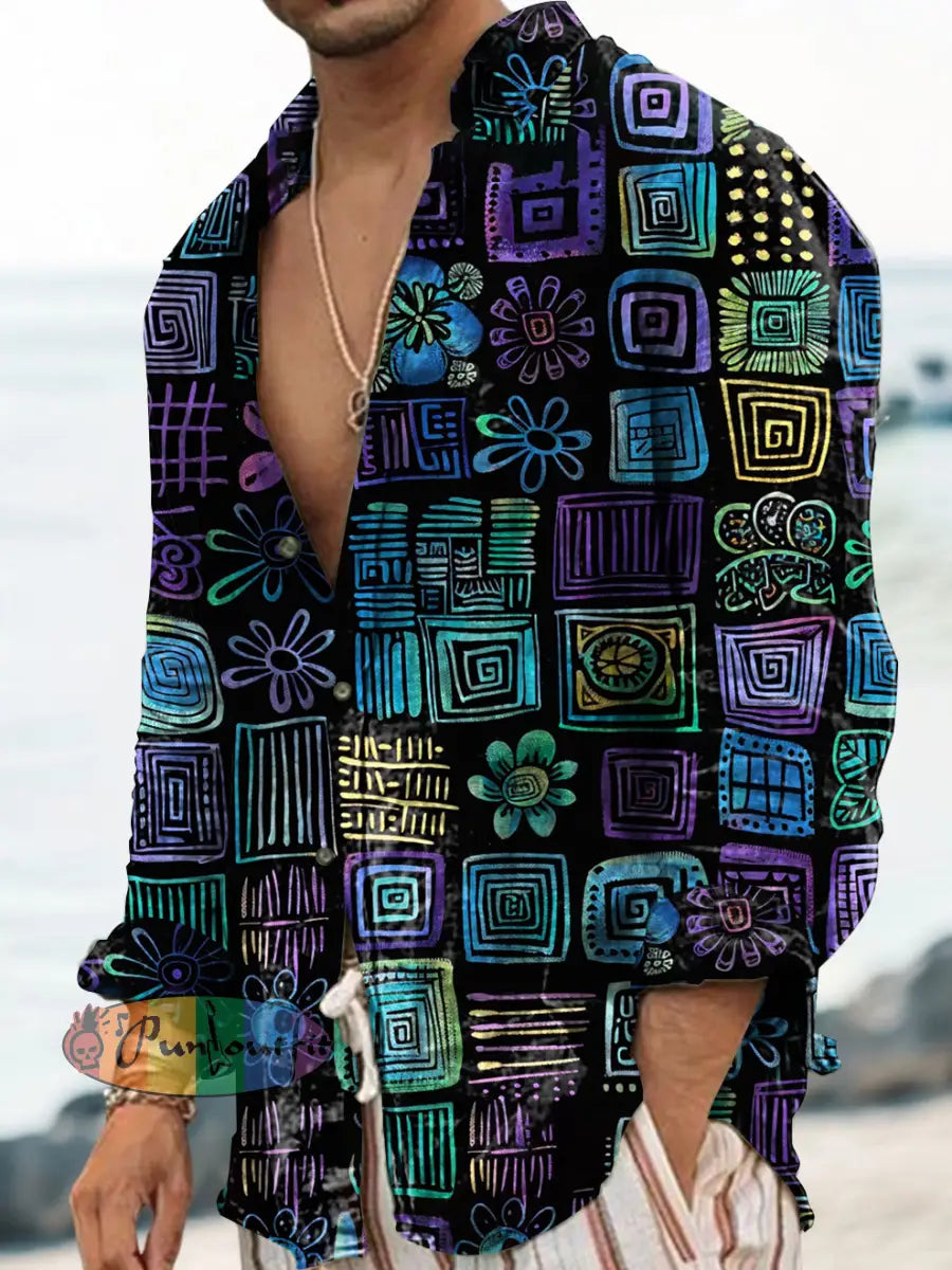 Unisex Men’s Vintage Colourful Floral Geometric Squares Abstract Print Casual Long Sleeve Shirt Blue / S