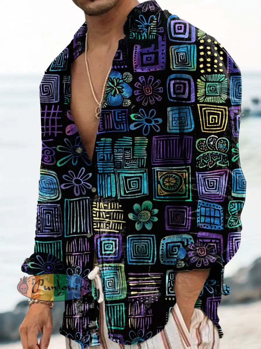 Unisex Men’s Vintage Colourful Floral Geometric Squares Abstract Print Casual Long Sleeve Shirt Blue / S