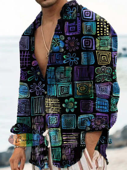 Unisex Men’s Vintage Colourful Floral Geometric Squares Abstract Print Casual Long Sleeve Shirt Blue / S