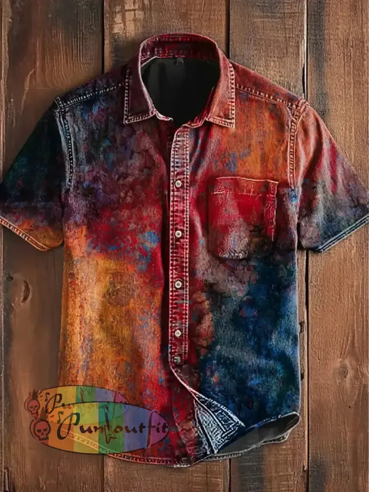 Unisex Men’s Vintage Colourful Rust Art Abstract Print Casual Cotton Short Sleeve Pocket Shirt As picture / S