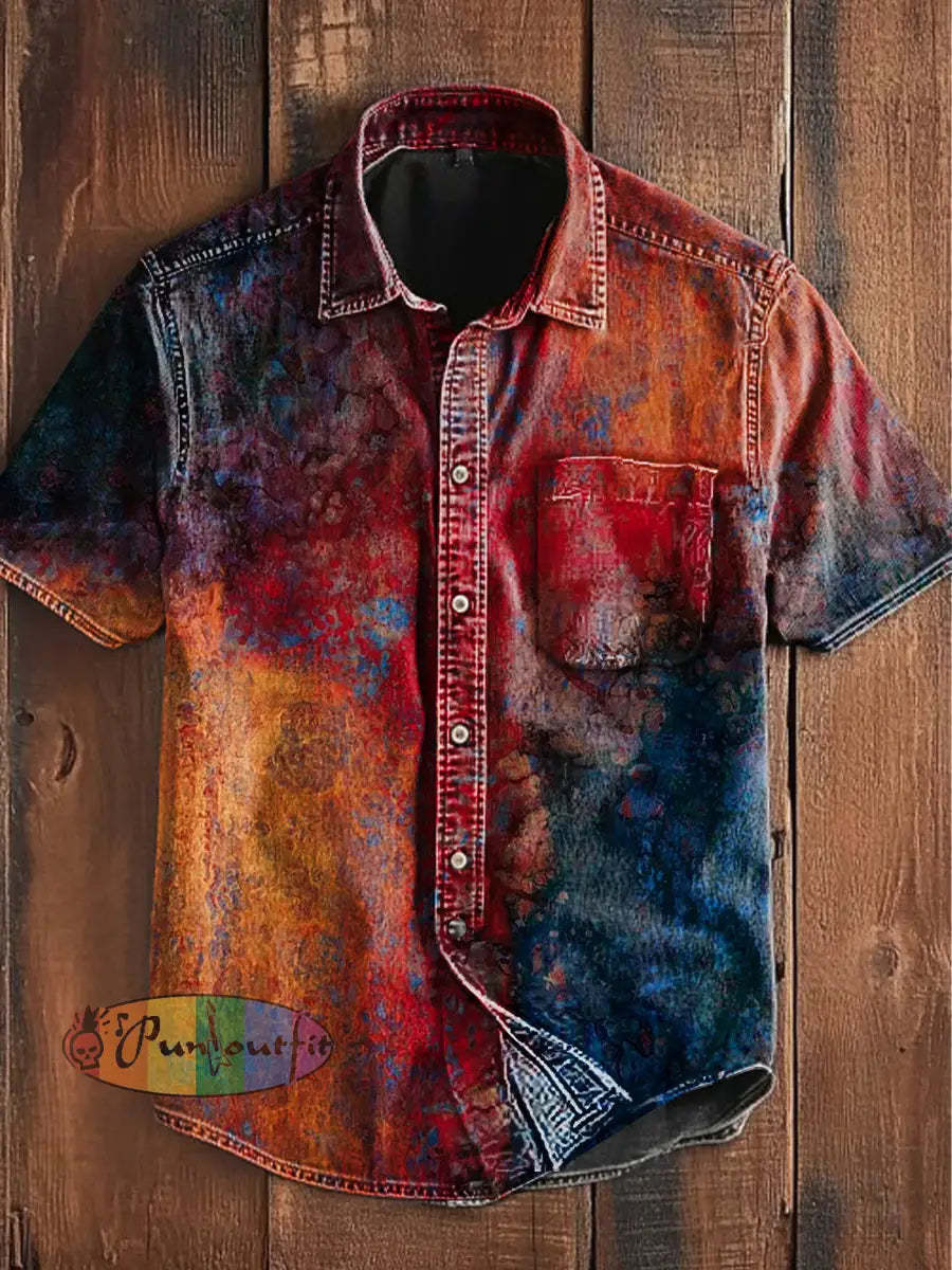 Unisex Men’s Vintage Colourful Rust Art Abstract Print Casual Cotton Short Sleeve Pocket Shirt As picture / S