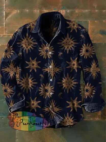 Unisex Men’s Vintage Dark Sun & Moon Abstract Print Casual Long Sleeve Shirt Navy Blue / S