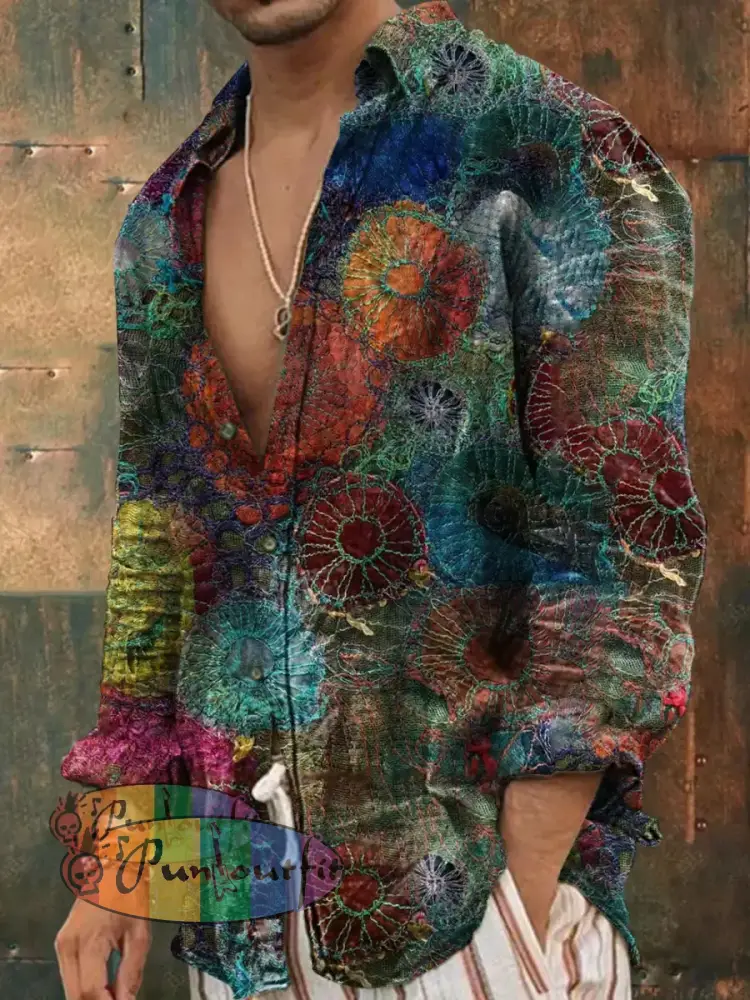 Unisex Men’s Vintage Ethnic Embroidery Colorful Circles Abstract Print Casual Long Sleeve Shirt As picture / S