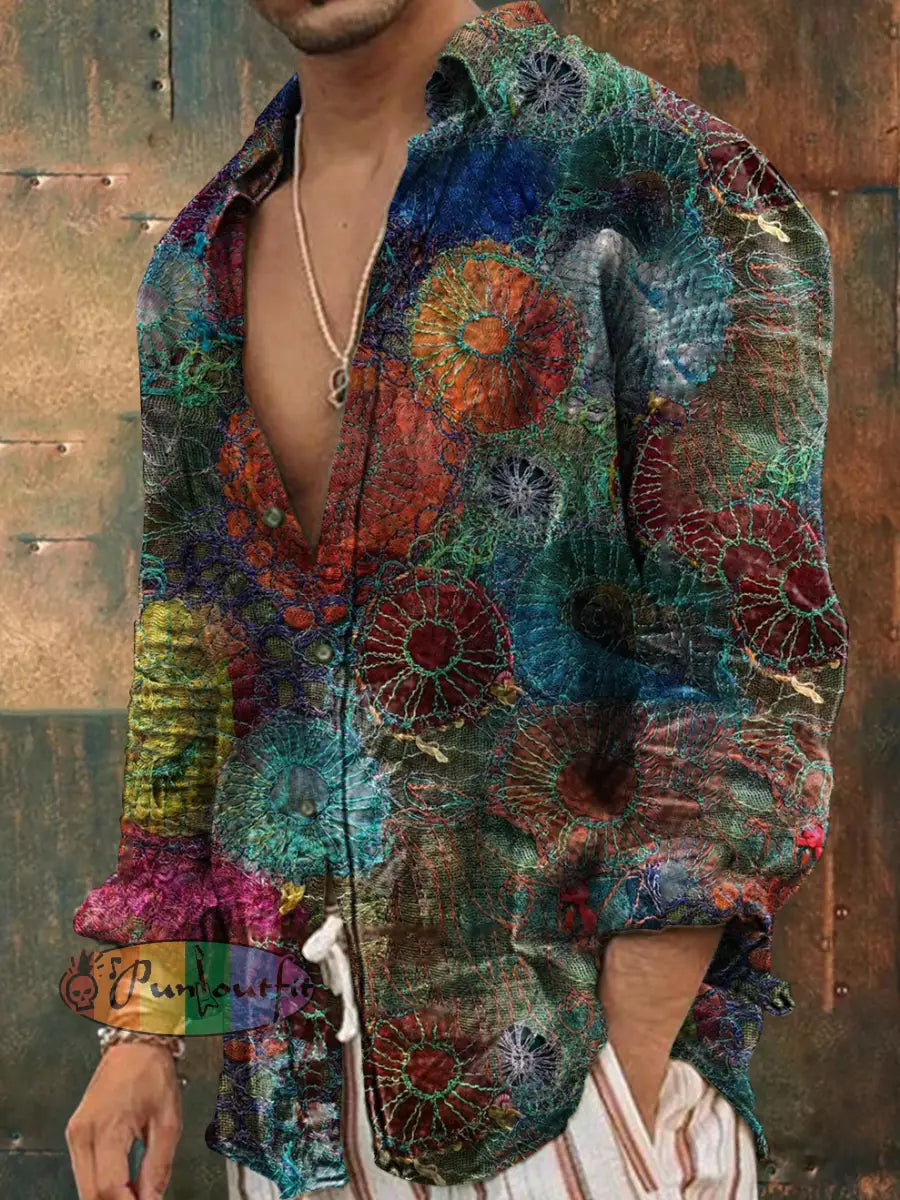 Unisex Men’s Vintage Ethnic Embroidery Colorful Circles Abstract Print Casual Long Sleeve Shirt As picture / S