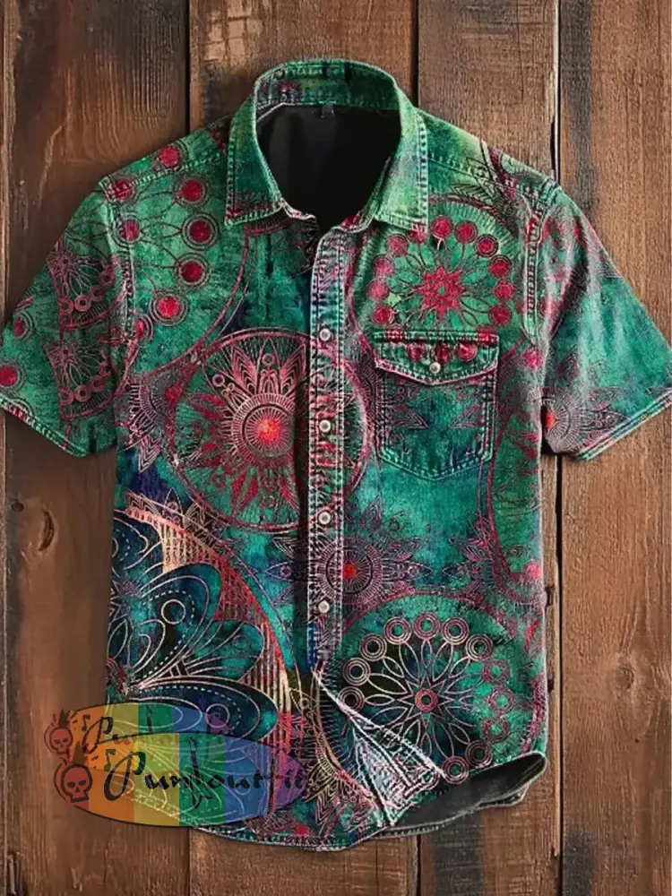 Unisex Men’s Vintage Gothic Colorful Floral Mandala Art Abstract Print Casual Short Sleeve Pocket Shirt Green / S
