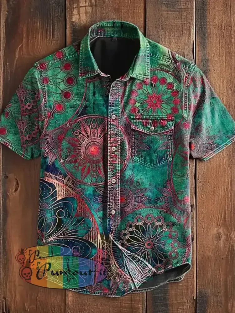 Unisex Men’s Vintage Gothic Colorful Floral Mandala Art Abstract Print Casual Short Sleeve Pocket Shirt Green / S